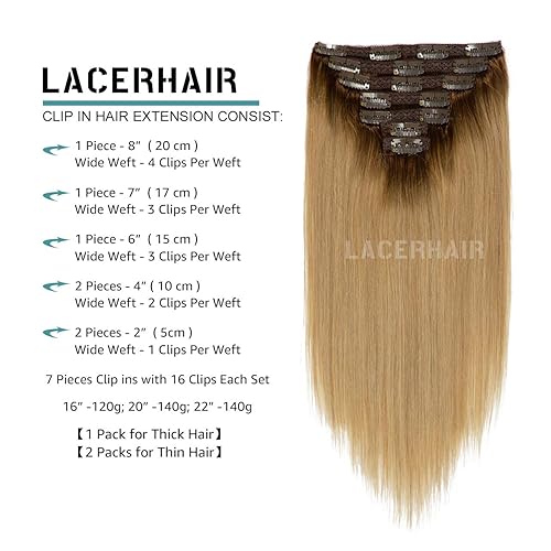 Vista 412 de Lacer Extensiones de cabello humano con clip, de doble trama, cabello brasileño de cabeza completa, color negro azabache, extensiones de cabello