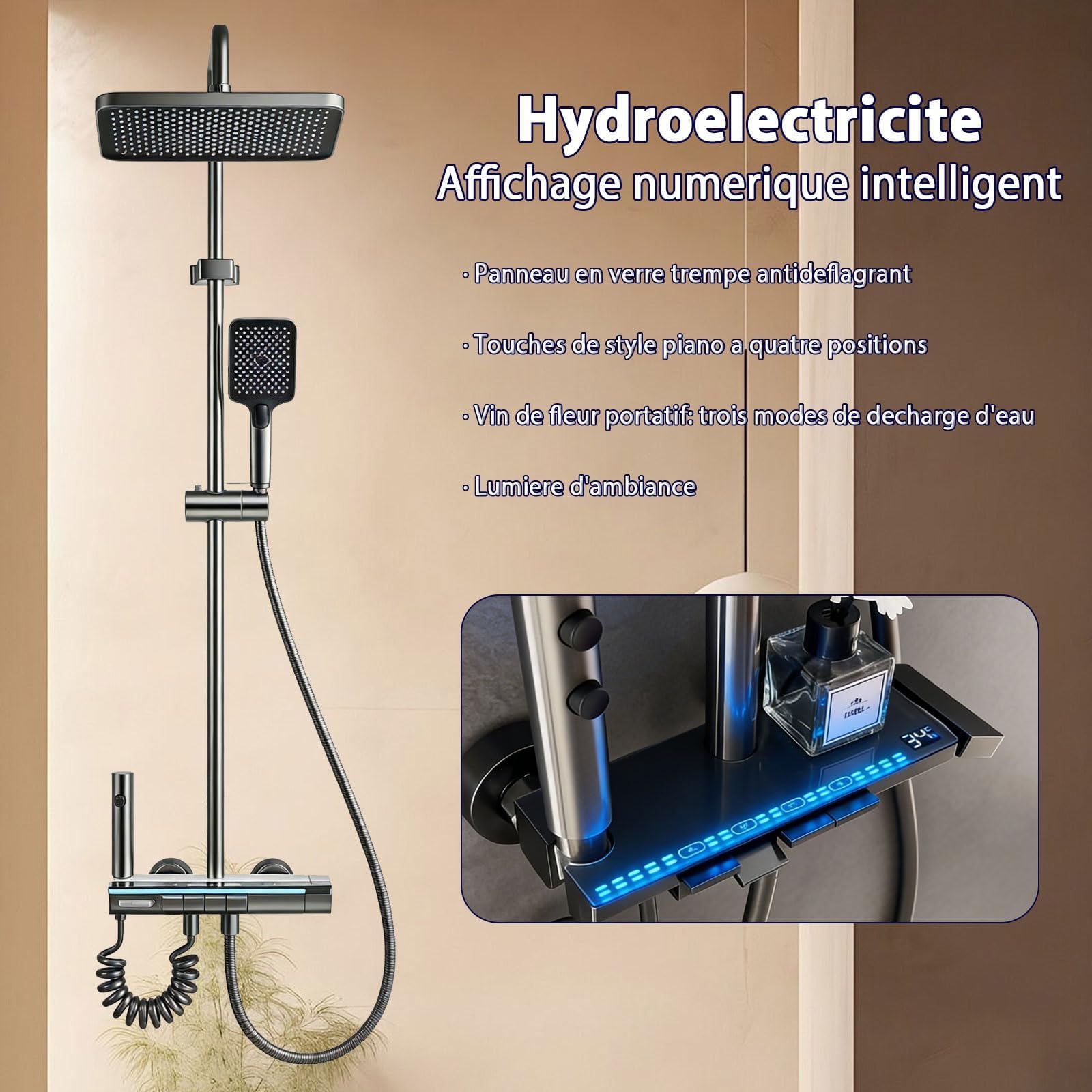 Colonne de Douche Thermostatique Titanium 4 en 1 | Colonne de Douche avec Mitigeur | Écran LED | Effet Pluie 30cm | Hauteur Réglable 83-110cm, pour Baignoire et Salle de Bain