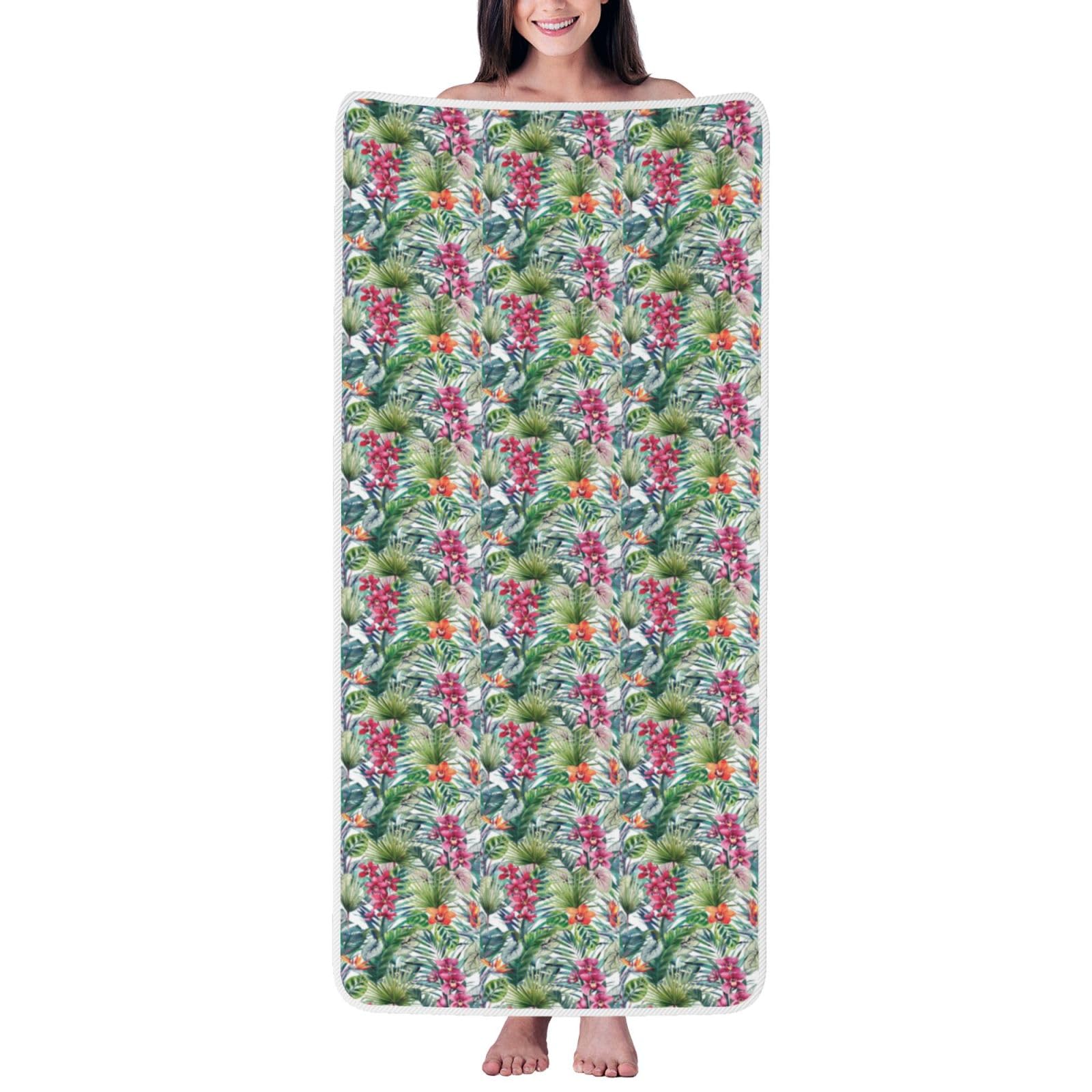 Nimongt Unisex White Tropical Plants Print Lightweight Comfort Coral Velvet Bath Towel Home Bathroom Hotel Spa Beach Travel