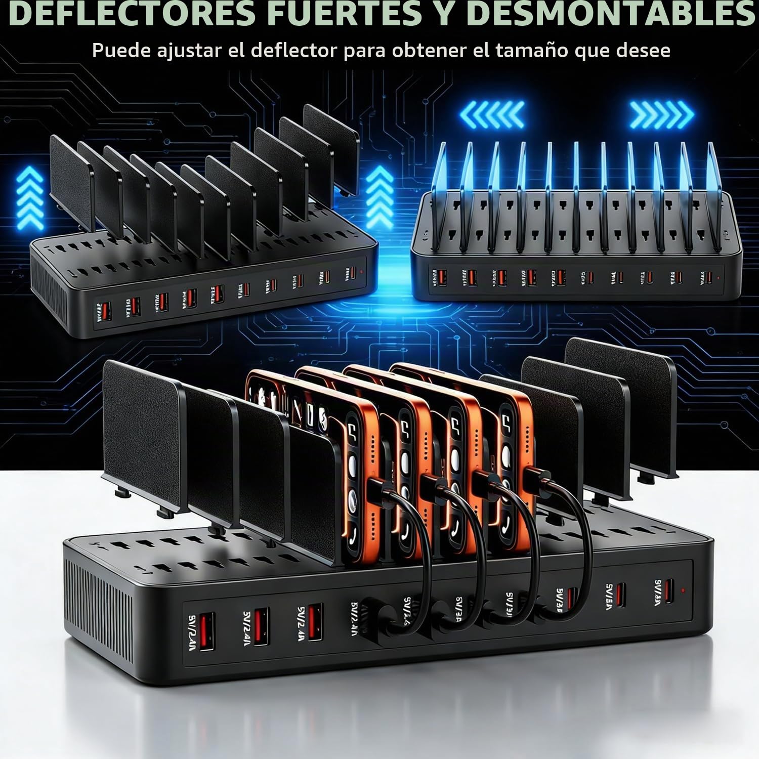 100W Cargador USB-C con 10 Cables y 10 Puertos, Estación de Carga para Múltiples Dispositivos, Incluye Divisor Ajustable Extraíble, 5 USB-A+5 USB-C, Compatible con iPhone/Samsung/Google/Tabletas