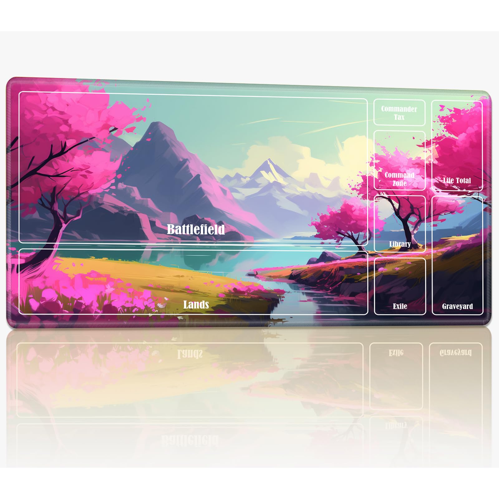 Playmat with Zones for MTG Magic The Gathering, 24 x 14 inches Stitched TCG Card Play Mat Commander Board Game Mats Smooth Rubber Surface Battle Game Desk Mat, Pink Tree River — image 1
