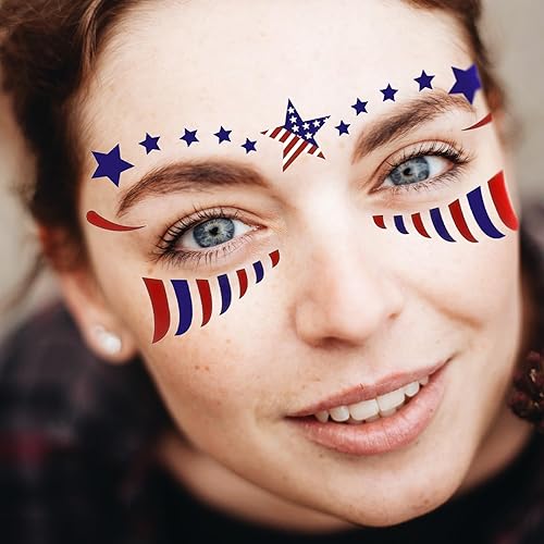 Miniatura 3 de HOWAF Calcomanías de tatuaje facial del 4 de julio, 10 calcomanías de maquillaje facial del Día de la Independencia de Estados Unidos, tatuajes