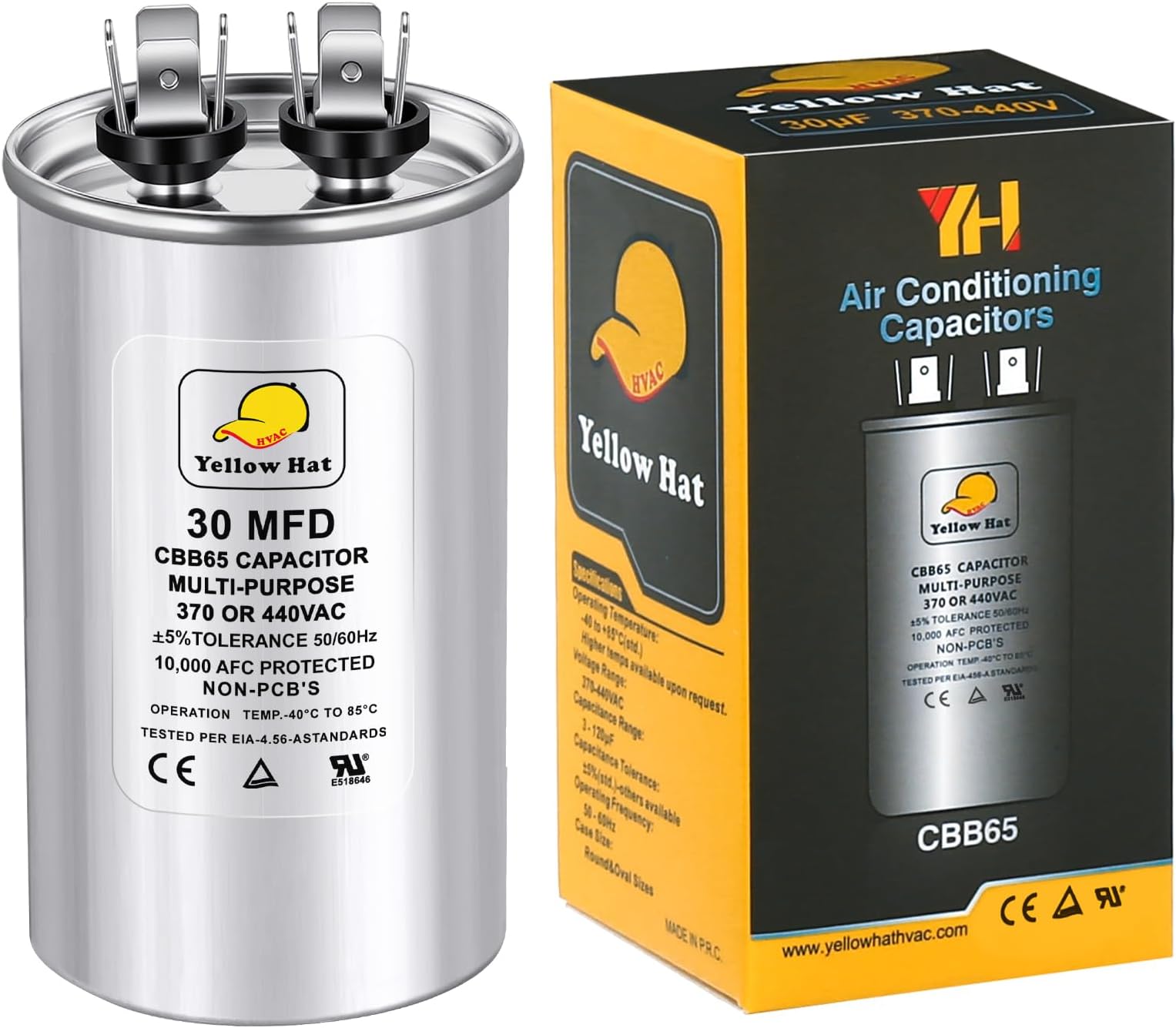 Capacitor for Air Conditioner 30 uf MFD 370 or 440 Volt VAC, Multi-Purpose Round Capacitor for AC Motor Run or Fan Motor Start or Condenser Straight