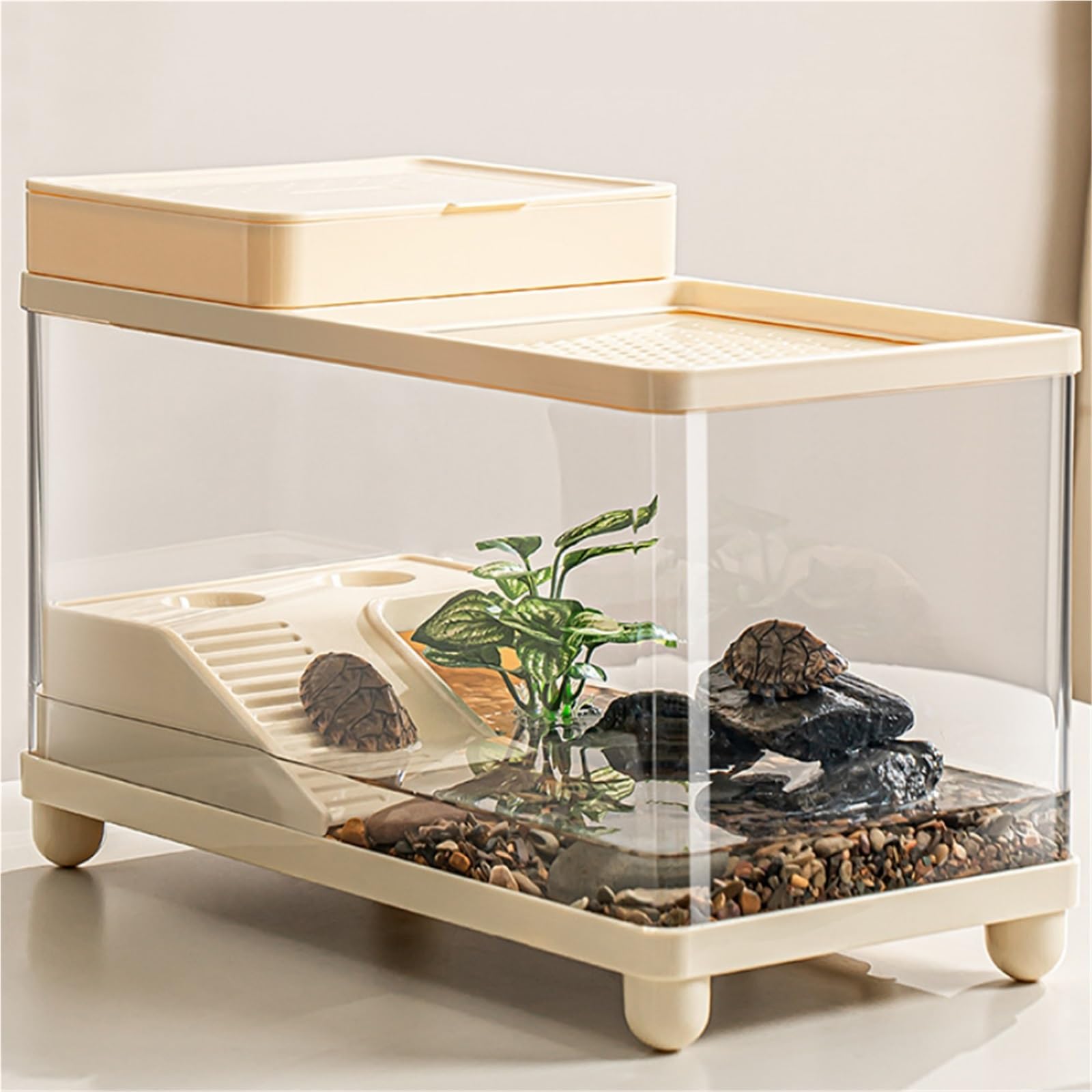 Siedlisko terrarium Zbiornik do karmienia żółwi użytku domowego zakryty drenażem z dołu platformy wspinaczkowej Terrarium akwariowe(Milk Yellow)