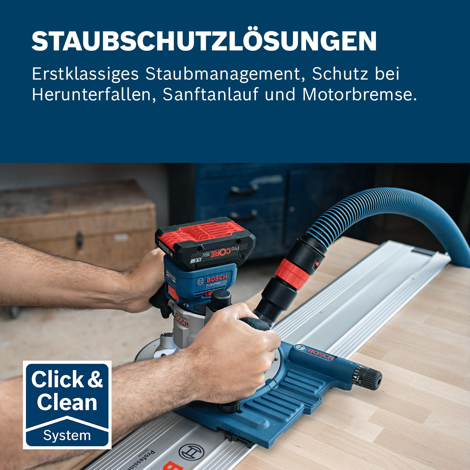 Bosch Professional 18V System Akku-Kantenfräse GKF 18V-8 (Parallelanschl., 2x Saugadapter Fr., Spanschutz, 8mm-Spannz., Spannschl., TE-Taucheinheit, 2x Saugadapter Taucheinh., L-BOXX o. Akku/Ladeger.)