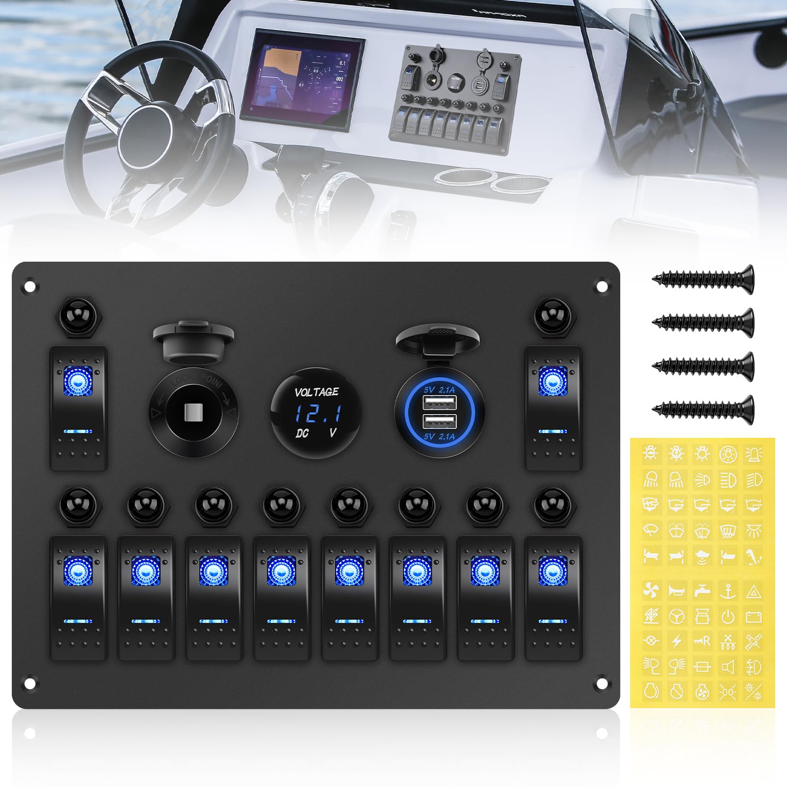 Photo 1 of 10 Gang Marine Rocker Switch Panel, Boat Toggle Switches Panel with Reset Circuit Breaker, Voltmeter, 4.2A Car Cigarette Lighter Socket, Dual 12V 24V USB Charger & Control,for Marine Boat RV Truck