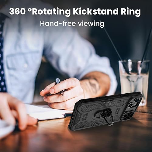 Miniatura 4 de VEGO Funda para iPhone 15, iPhone 15 Kickstand con cubierta deslizante para cámara y soporte de anillo giratorio de 360 integrado, funda magnética a