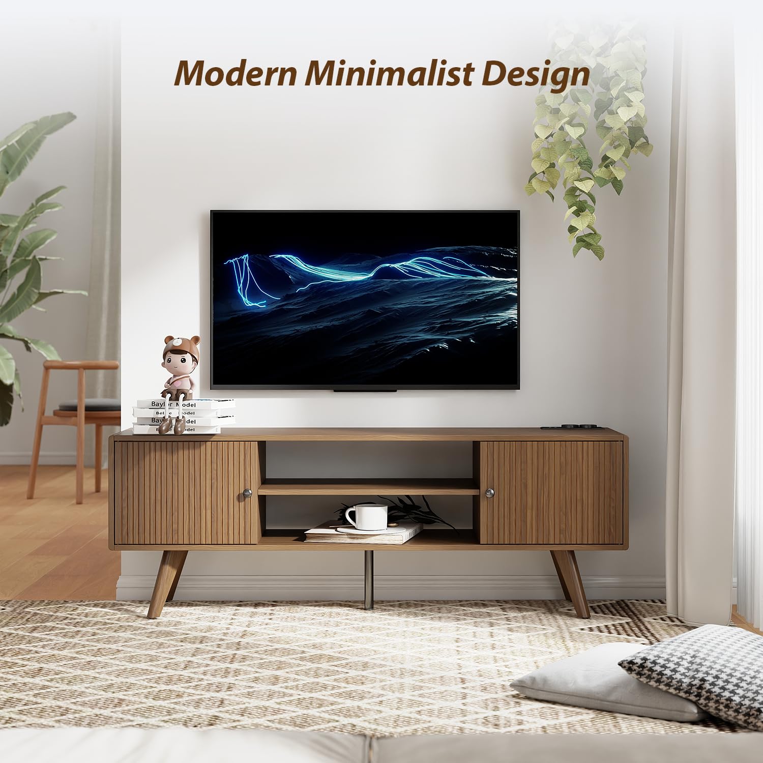 Manora Mueble de TV con Enchufe, Mesa de TV para hasta 65 Pulgadas, Mueble TV Salon con 2 Puertas y Estantes Abiertos, Mueble Television para Salon Dormitorio, 140 x 35 x 50cm, Marrón