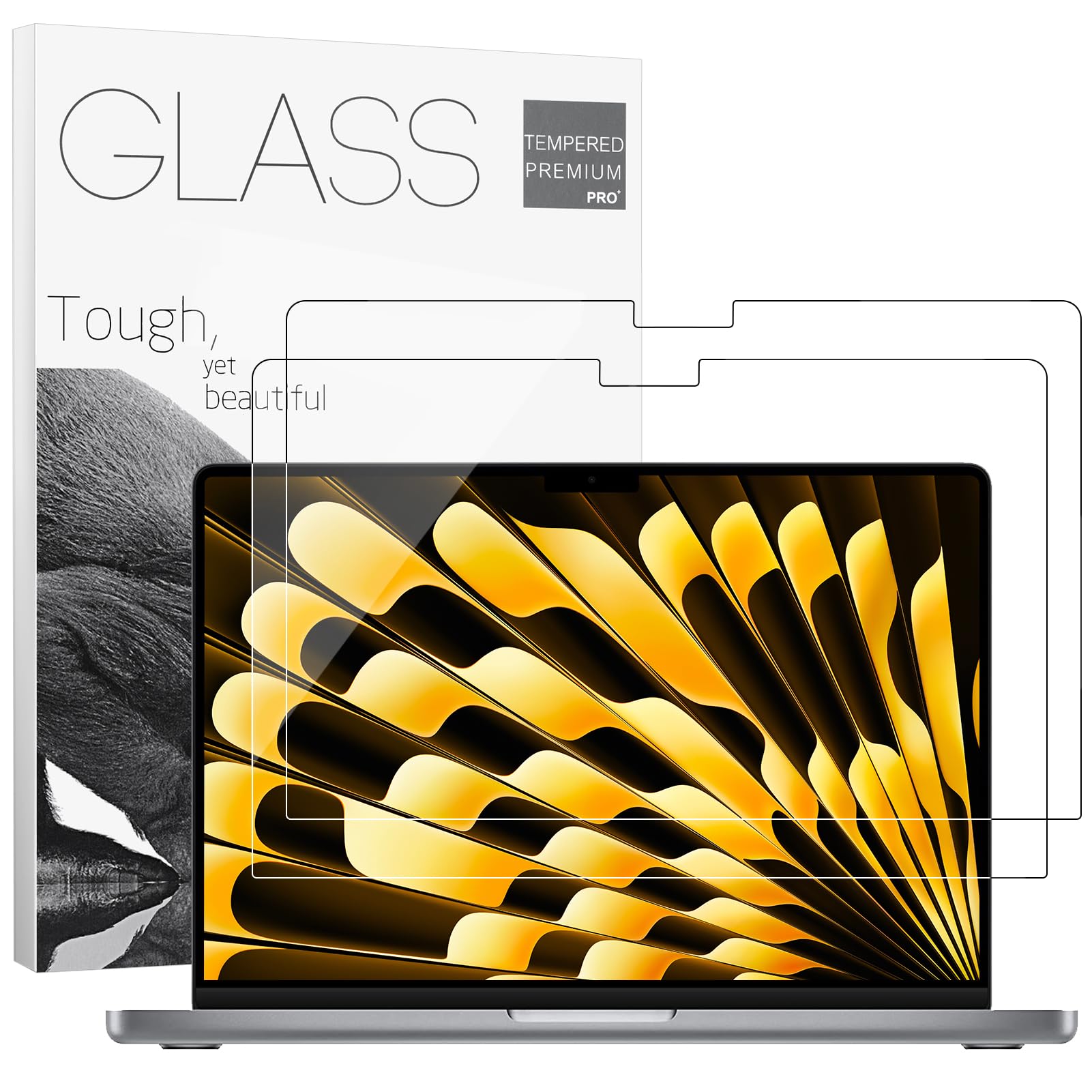 YongMai 2Pack 9H Hardness Tempered Glass Screen Protector for MacBook Pro 15.3'' (M1/M2 2016-2022)/ MacBook Air 15.3 inch (M1 2018-2021), Bubble Free,