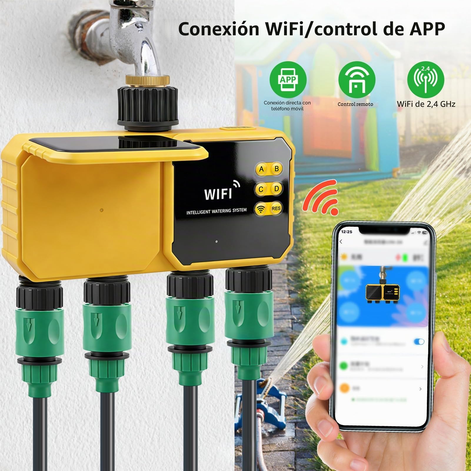 Temporizador Riego Solar, 4 Zonas WiFi Controlador Válvula Agua Solar Inteligente Control Aplicación Sensor Lluvia Temporizador Agua para Patio Exterior Jardín Playas Patio