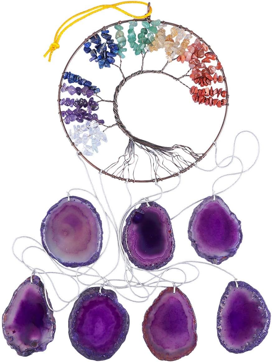 Nupuyai Tree of Life Hanging Ornaments Purple Agate Slices Wind Chime Handmade 7 Chakra Crystal Windchime for Home Window Garden Decoration
