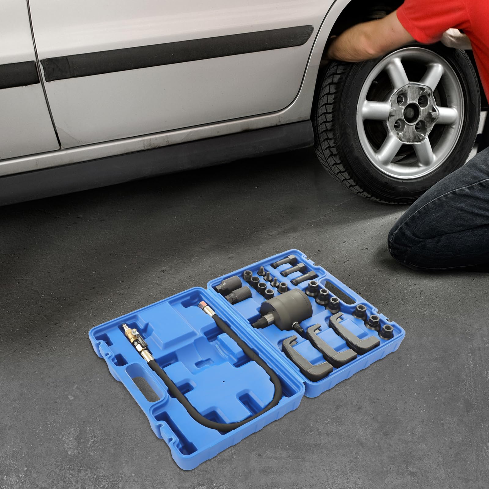 Estrattore iniettore, iniettore pneumatico diesel, set completo con 19 adattatori, 3 ganci estraibili e martello pneumatico, per Bosch/Delphi/Denso/Siemens (blu/nero)