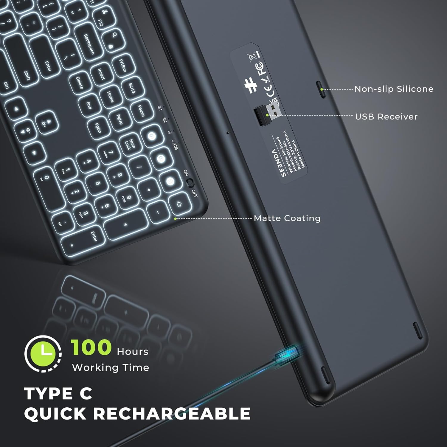 seenda KOU-401 keyboard showing Type-C charging port and USB receiver storage