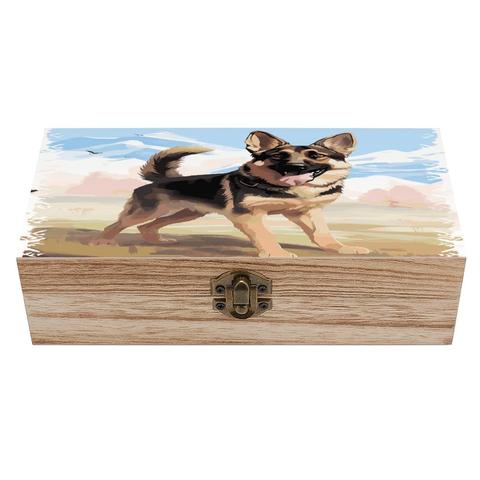 JTREHY German Shepherd Dog Lovers Wooden Keepsake Box Vintage-Style Wood Keepsake Case with Hinged Lid Solid Wood Boxes Beautifully Memory Treasure Case Vintage-Style Wooden Storage Box