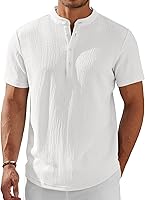 COOFANDY Men's Short Sleeve Henley Shirt Stand Collar - Breathable Textured Fabric Summer Beach Casual T-Shirt