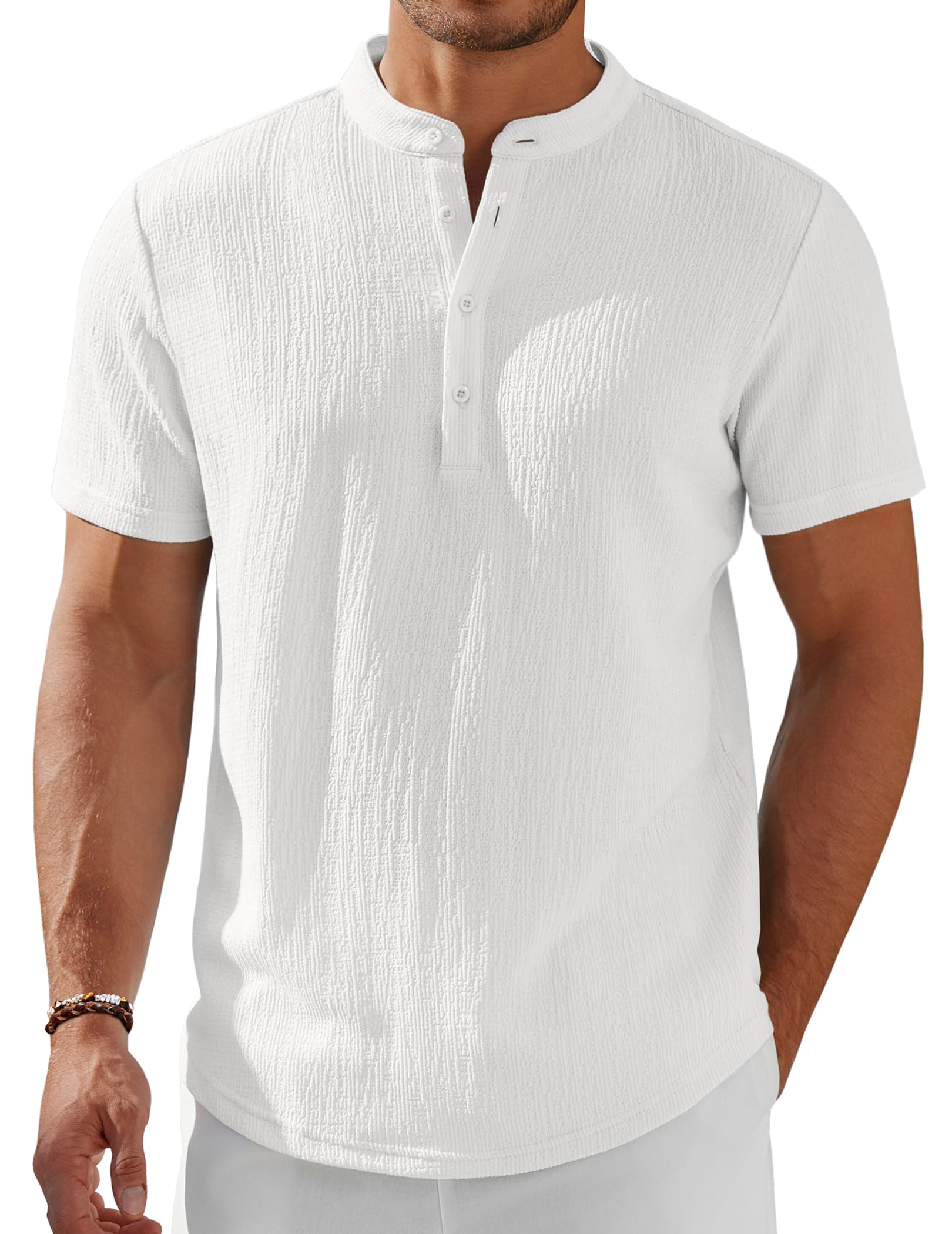 COOFANDY Men's Henley Shirt Short Sleeve Stand Collar Summer Casual Beach Hippie T-Shirts