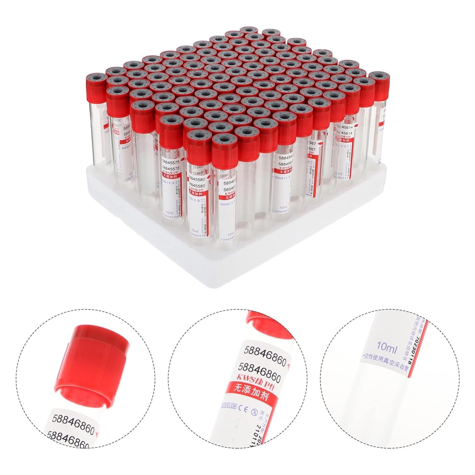 Tubes de prélèvement sanguin sous vide - 100 pièces, tubes de prélèvement sanguin de laboratoire 3/5/10 ml, tubes de prélèvement sanguin en plastique jetables, sans additifs,10ml