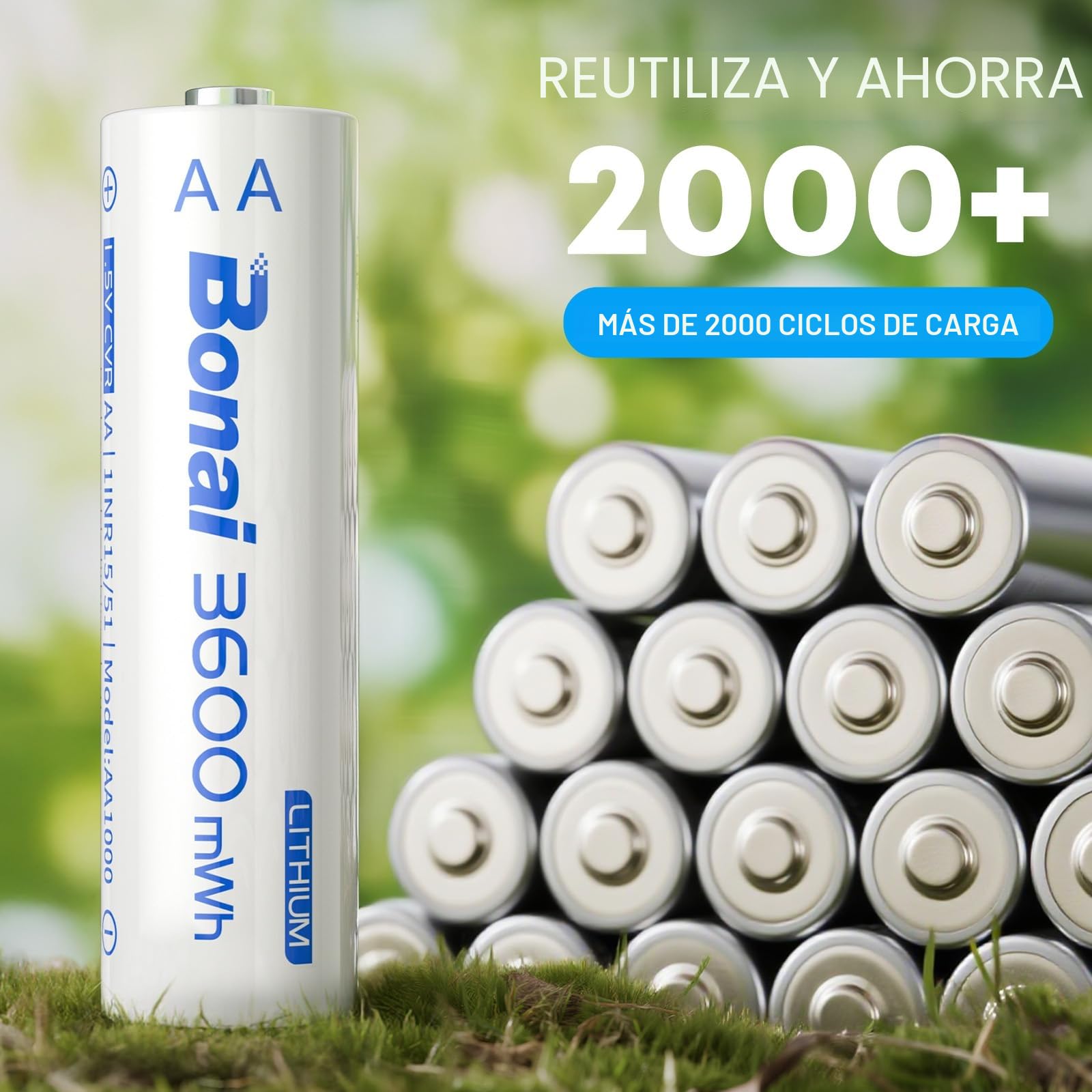 BONAI Pilas Recargable AA de Litio con Cargador Rápido, 1.5 V, 3600 mWh, Pilas AA Recargables de Alta Capacidad para Cámaras Digitales, Juguetes, GPS (Paquete de 8)