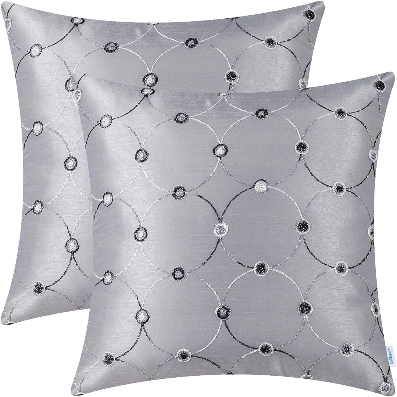 CaliTime Pack of 2 Cushion Covers Throw Pillow Cases Shells for Sofa Couch Home Decoration Modern Simple Circles Rings Dots Geometric Chain Embroidered 18 X 18 Inches Gray