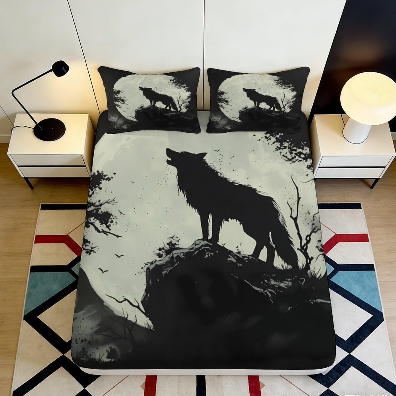3D Printed Wolf Moon Fitted Sheet Microfiber Soft Black White Howling Wolf Bed Cover for Bedroom Dorm Decor 90x200x25cm