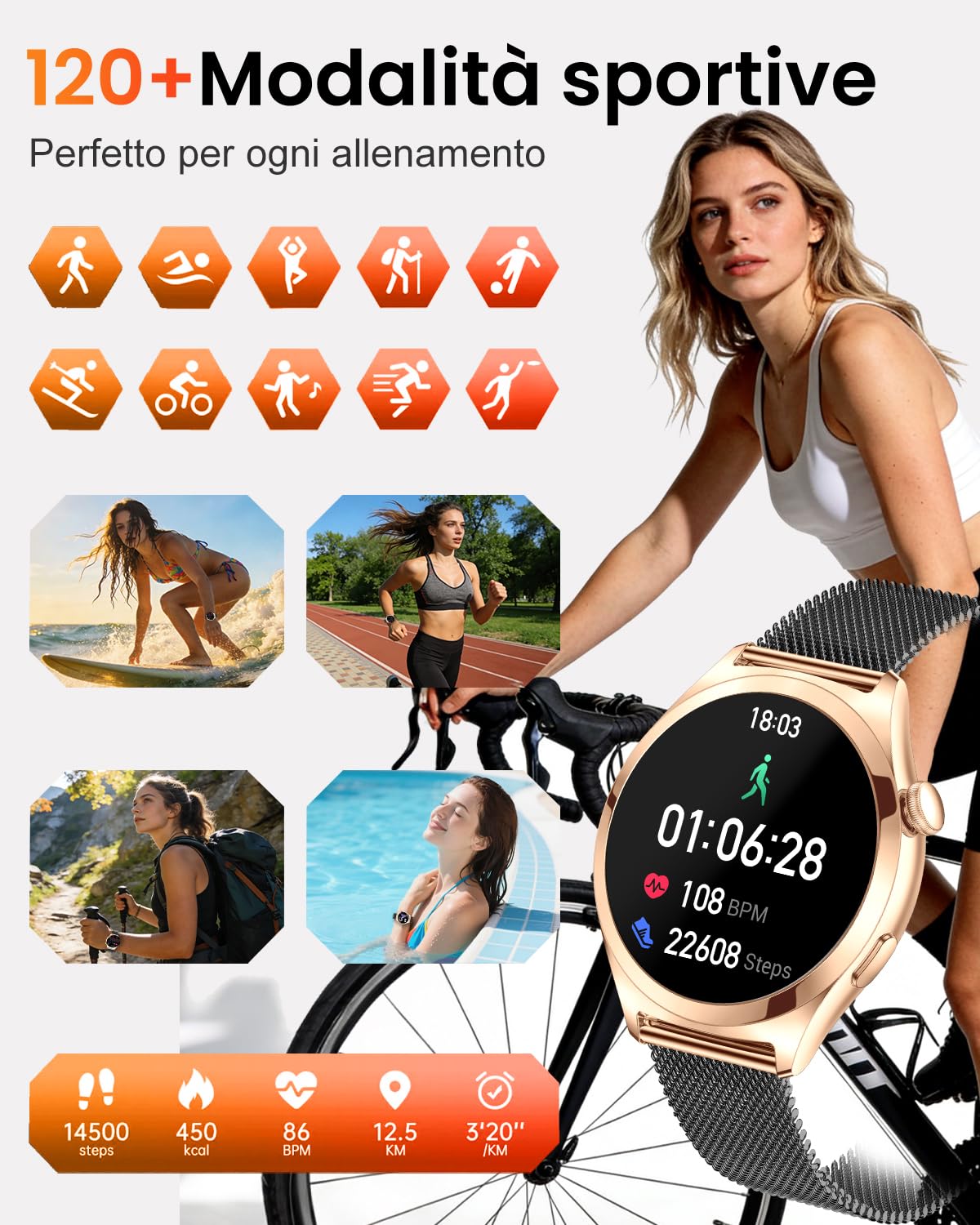Smartwatch Donna Rotondo con Chiamate, Display Curvo HD da 1,27", Monitor Frequenza Cardiaca SpO2 Sonno, 120+ Modalità Sport, Impermeabile IP68, Smart Watch Donna per Android iOS (Nero oro)
