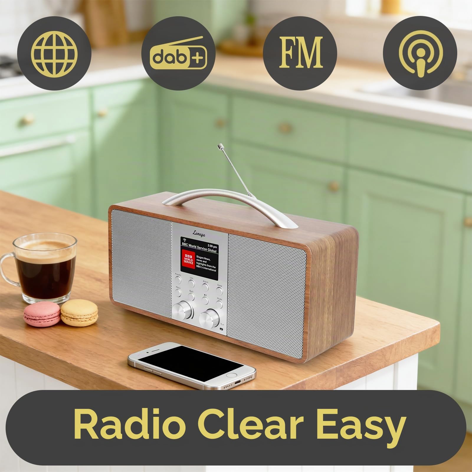 Radio Internet Lemega IR6 con podcast e streaming Bluetooth,radio DAB+/FM stereo,doppio altoparlante 2.0,150 stazioni preimpostate,sveglia,batteria ricaricabile (Noce)