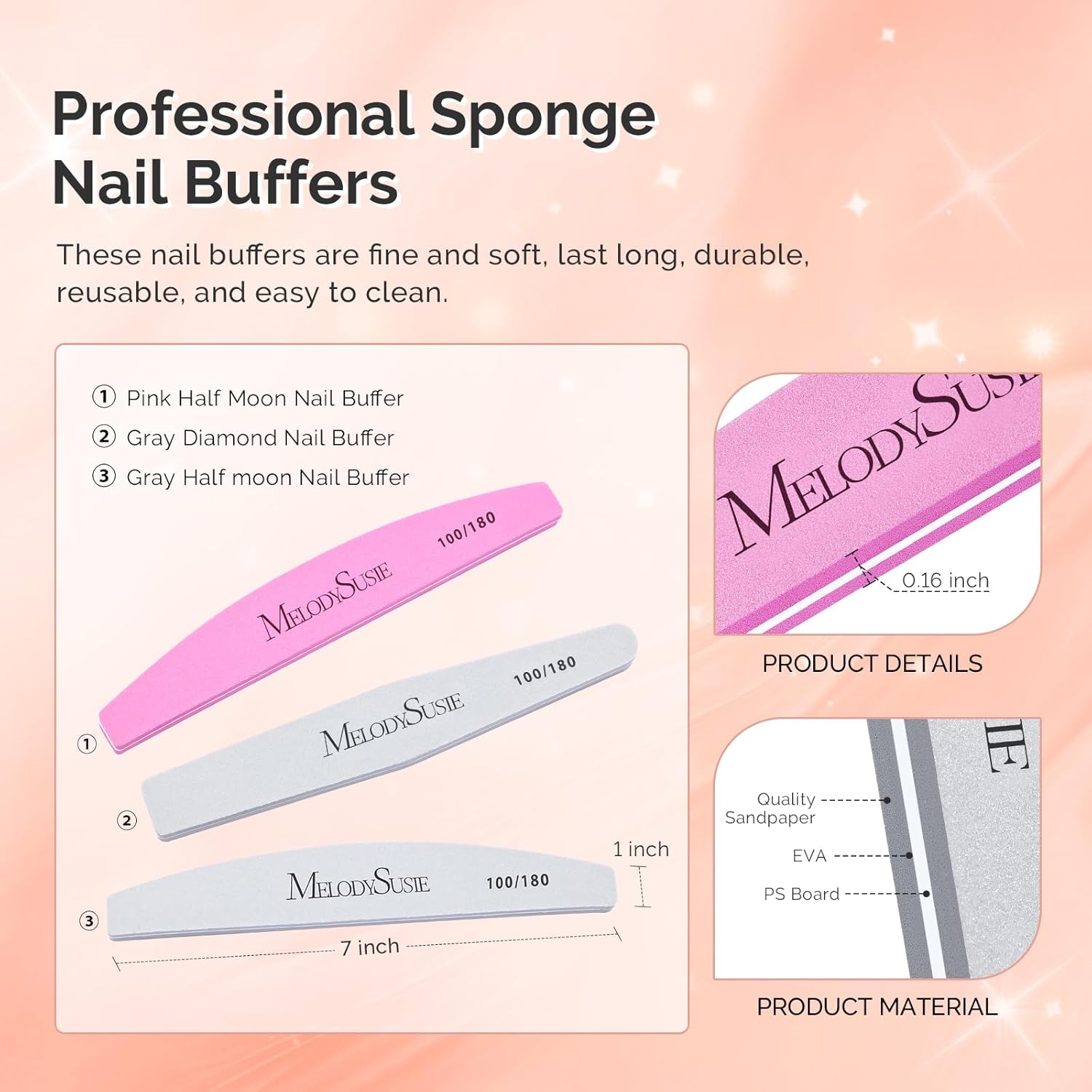 MelodySusie Nail Dust Collector,MelodySusie 9Pcs Nail Buffers Set,Nail Files and Buffers,100/180 Grit, Rhombus Nail Buffer, Professional Nail Care Tools Kit for Home Use,Salon