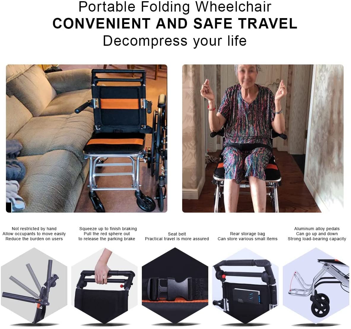 Silla de ruedas plegable ultraligera de viaje para personas mayores discapacitadas, silla propulsada por asistentes con reposabrazos oscilante y reposapiés,