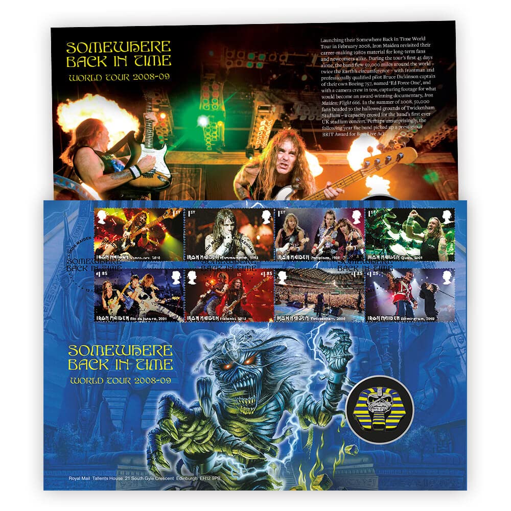 Royal Mail - Sellos oficiales de Iron Maiden y cubierta de medalla "Eddie Pharoah"