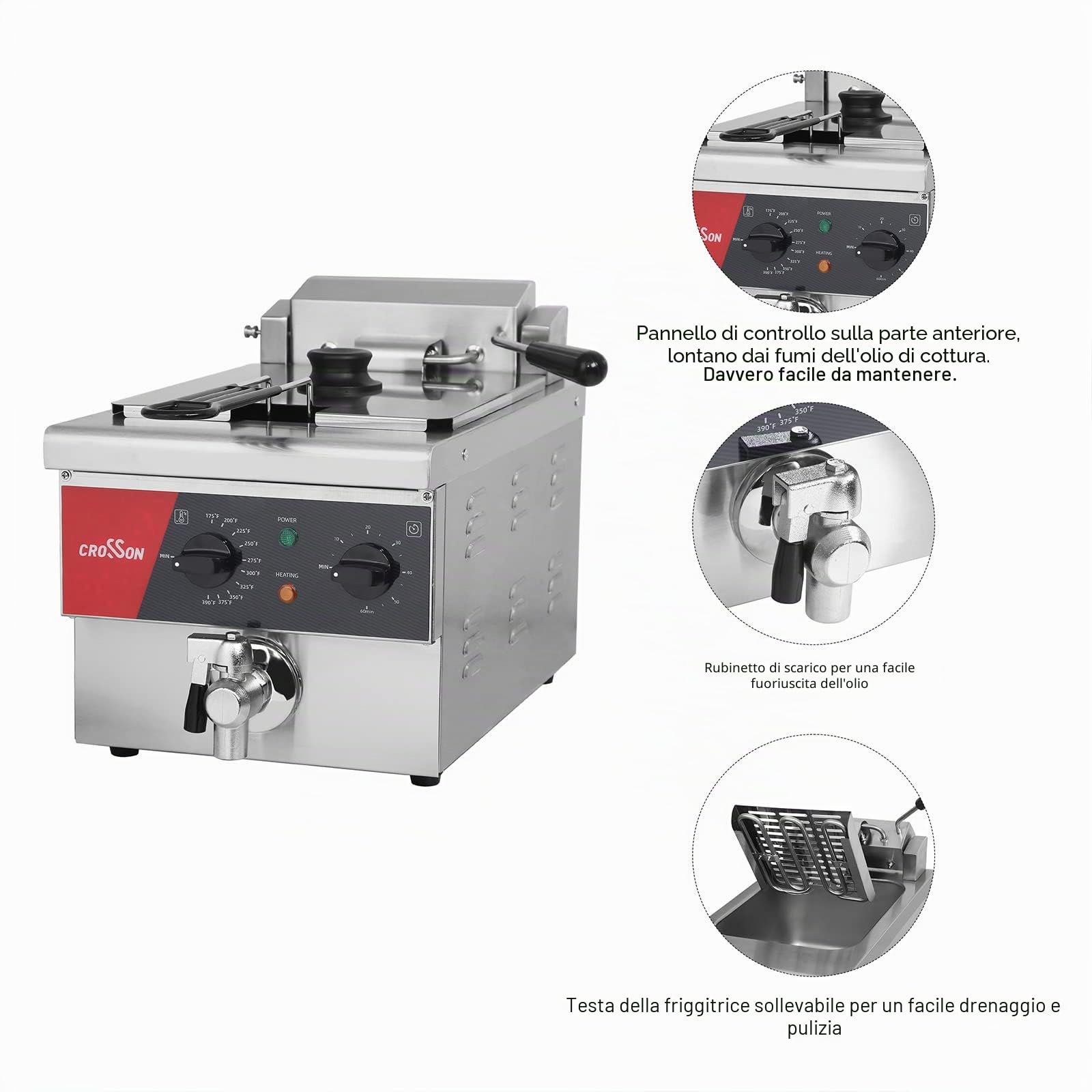 CROSSON Friggitrice Commerciale 6 Litri,Friggitrice Elettrica ad Olio da Inox 3000W con Coperchio,con Rubinetto di Scarico,Controllo Tempo e Temperatura 80-200°C,per Cucina Ristorante