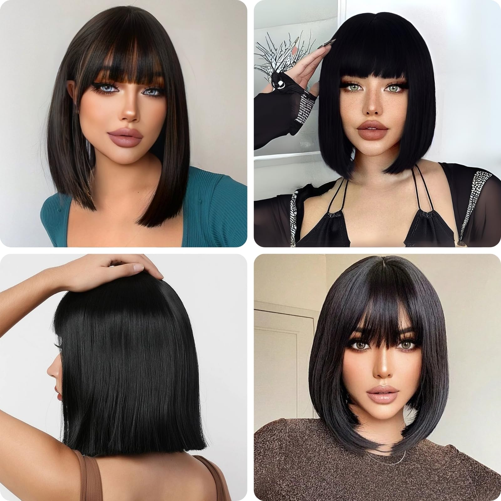 KEYRI Parrucche Donna 12 Breve Bob con Frangetta Liscio Sintetico Fibre Nero Parrucca Shoulder Lunghe Capelli per Ragazza Costume Carnevale Cosplay Festa