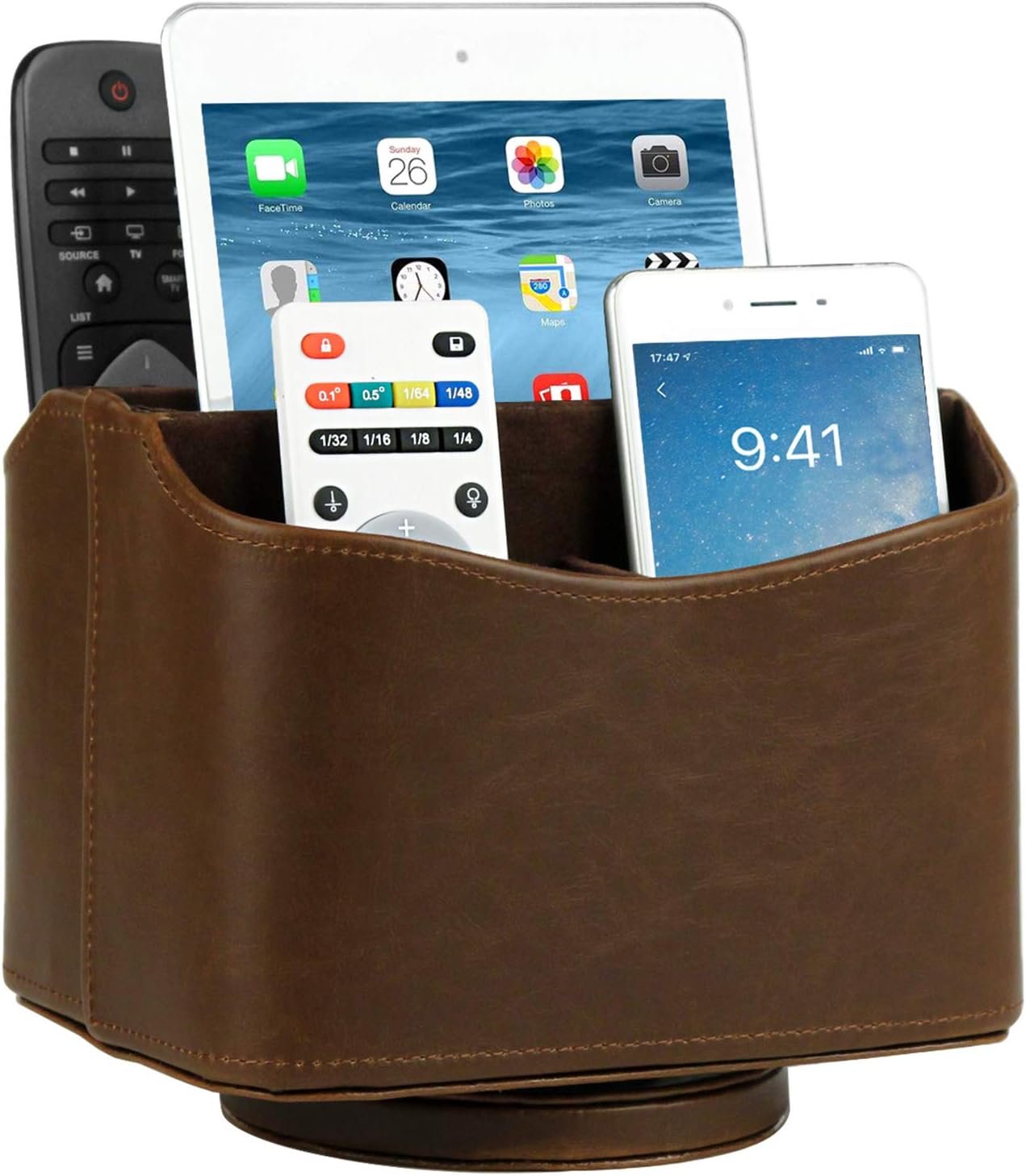 HofferRuffer Spinning Remote Control Holder, Remote Caddy, Spinning Remote Control Organizer, PU Leather (Classic Brown)