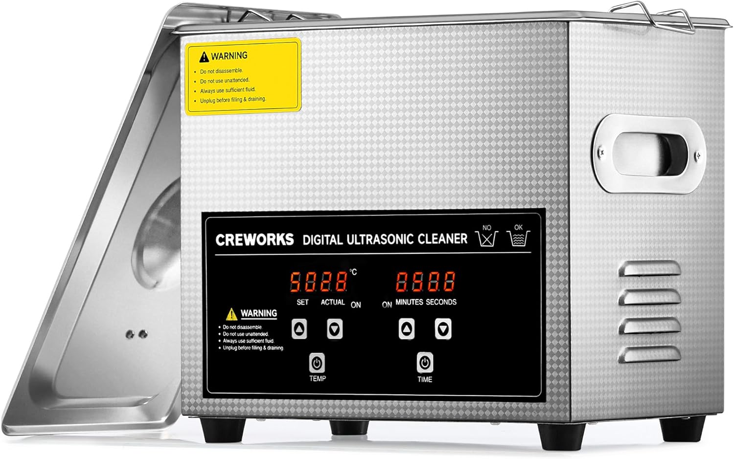 Creworks Ultrasonic Cleaner with warning labels visible