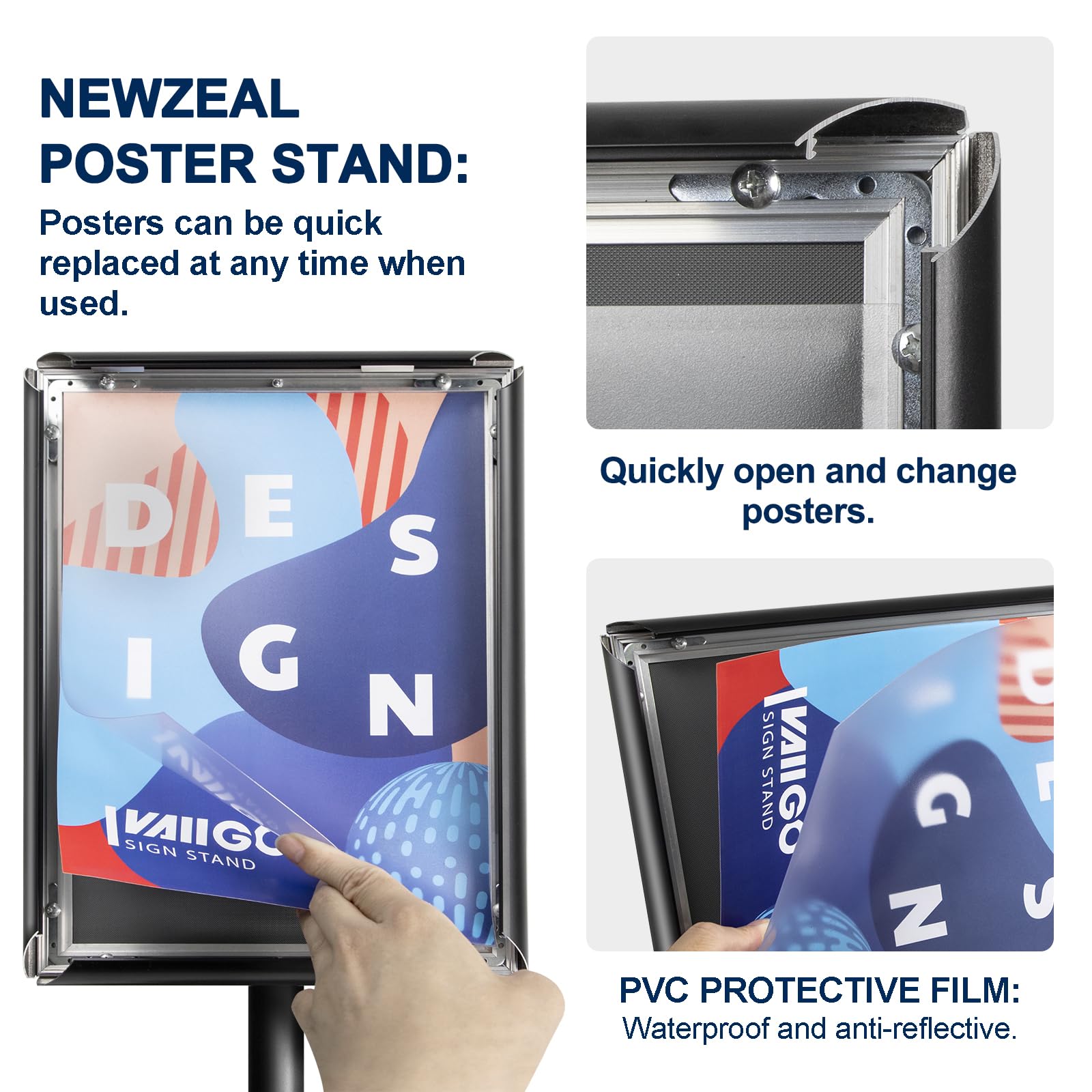NewZeal - Expositores Soporte Cartel (A4, ángulo y altura ajustables, soporte de aluminio para visualización de eventos empresariales, 6 unidades), color negro