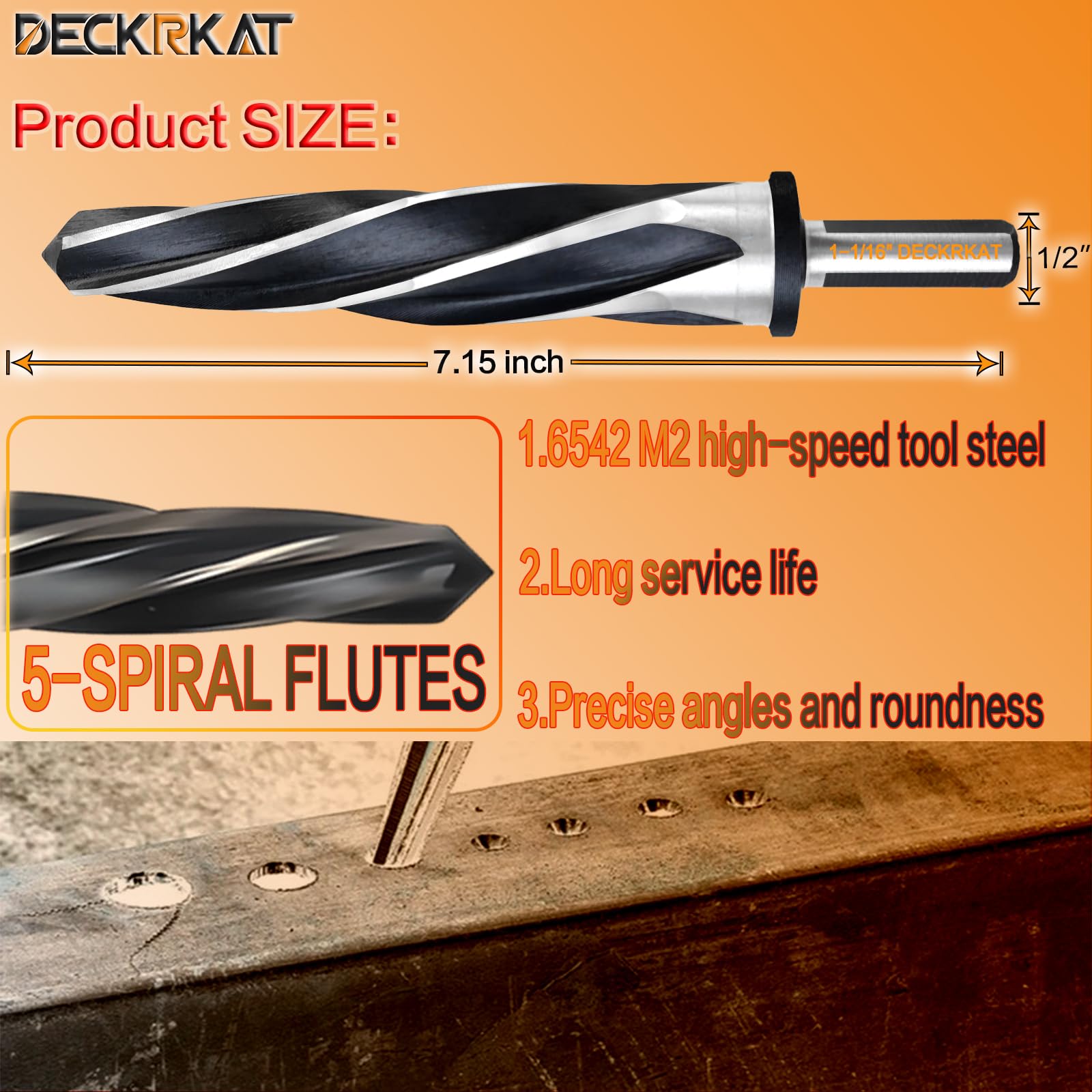 1-1/16 Zoll Reibahle Bohrer für Metall, M2 HSS Kegelreibahle für Stahl, Legierung, Holz, Kunststoff zum Ausrichten, Vergrößern von Löchern, 5-Spiralnuten, 1/2 Zoll rutschfester Schaft, 27 mm