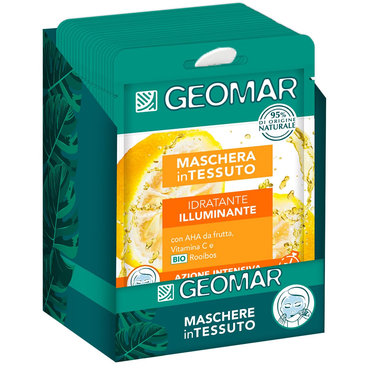 GEOMAR | Maska z tkaniny, podświetlana nawilżająca, 95% pochodzenia naturalnego, testowana dermatologicznie, wegańska formuła, 24 x 22 ml