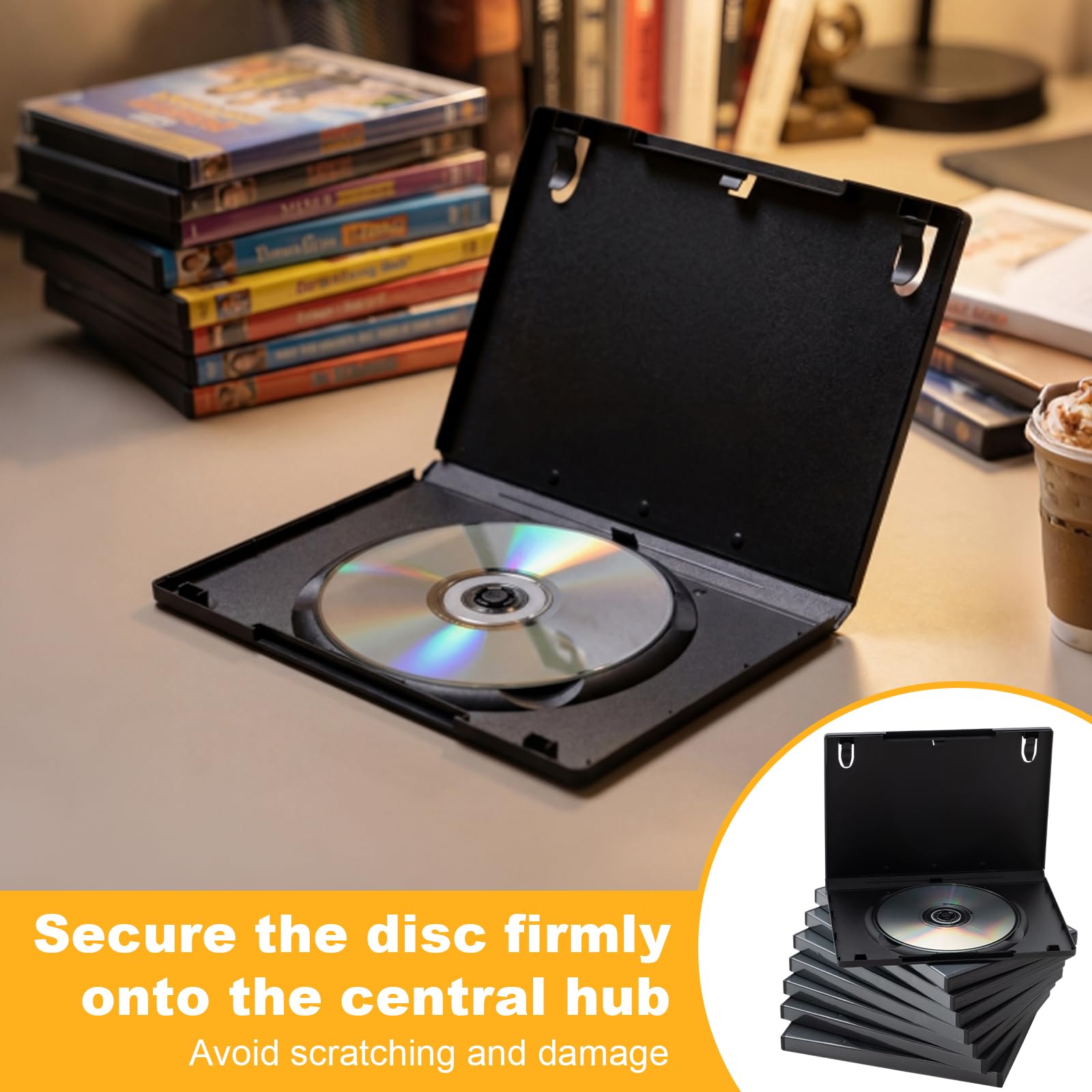 Paquete de 100 fundas estándar negras para DVD individuales de 14 mm, disco de plástico de 5.3 x 7.5 x 0.55 pulgadas con fundas protectoras transparentes y soporte de bloqueo de seguridad