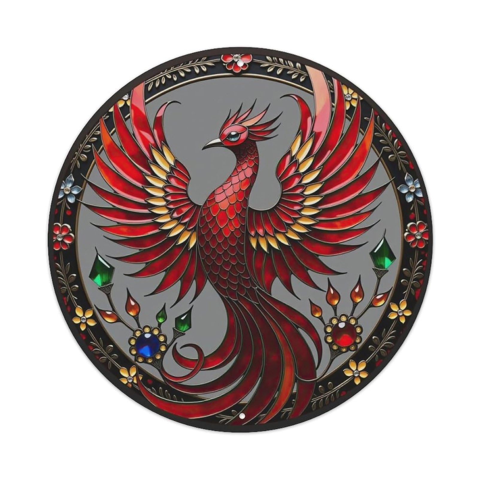 Phoenix With Wings Spread Floral Border Metal Tin Sign