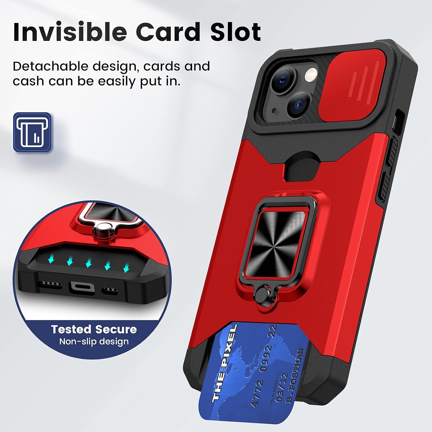 Caka Designed for iPhone 13 Ring Stand Case with Slide Camera Cover Kickstand, Military Grade Protective Wallet Phone Case with Rotate Magnetic Stand Card Holder Slot for iPhone 13 6.1 inch (Red)