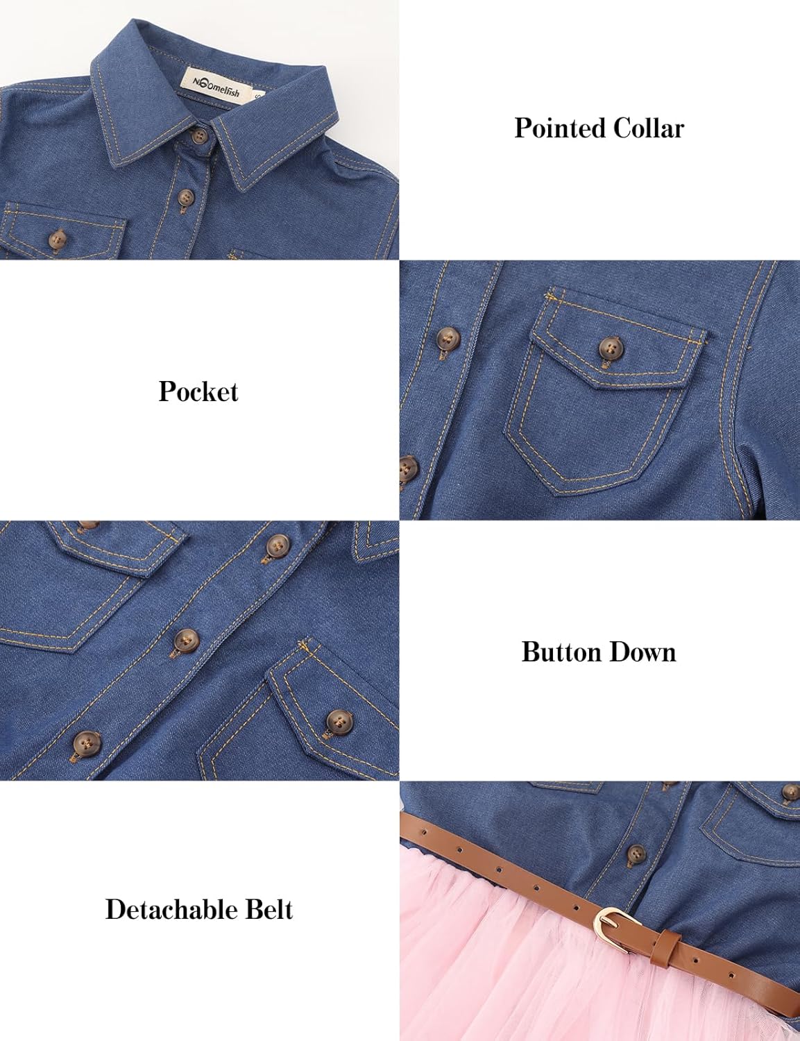 Noomelfish Little Girls Denim Tulle Western Dress Cowgirl Button Down Jean Tutu Dresses with Belt (4-12 Years)