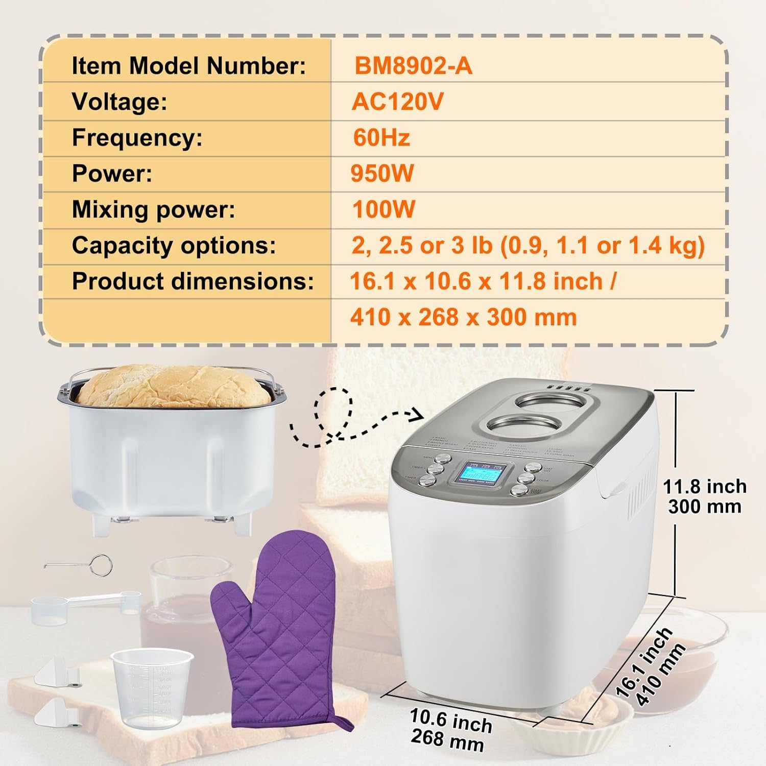 Programowalna maszyna cyfrowa z nieprzywierającą ceramiczną patelnią do ciasta bezglutenowego i zakwasowego, pojemność 1,4 kg, funkcje automatyczne