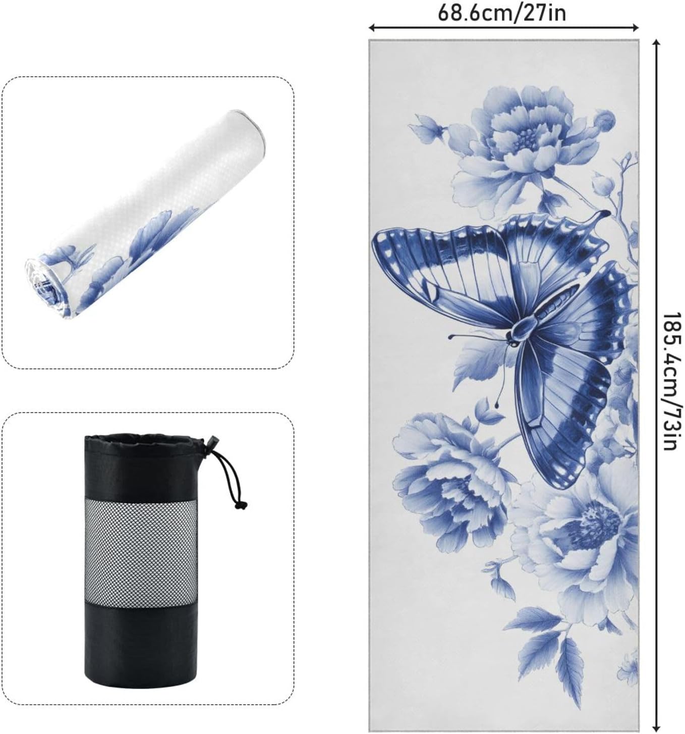 Yoga Mat Towel with Silicone Grip Dot Butterfly Rose Blue – 73"x27" Non-Slip Sweat Absorbent Microfiber Yoga Towel for Home Gym Studio