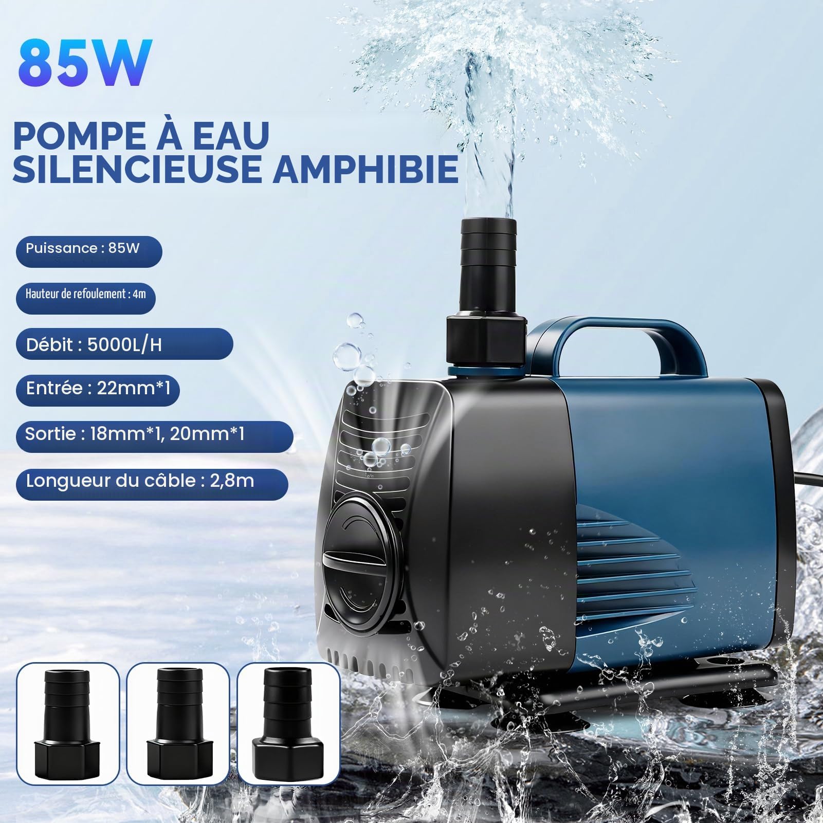 Nikou Pompe de Bassin 85W 5000L/H, Pompe Fontaine Exterieur Pomp À Eau Submersible Silencieuse Pompes de Filtration avec Câble 2.8m, Tête 4m, Protection Surchauffe, pour Aquarium, Fontaine, Étang