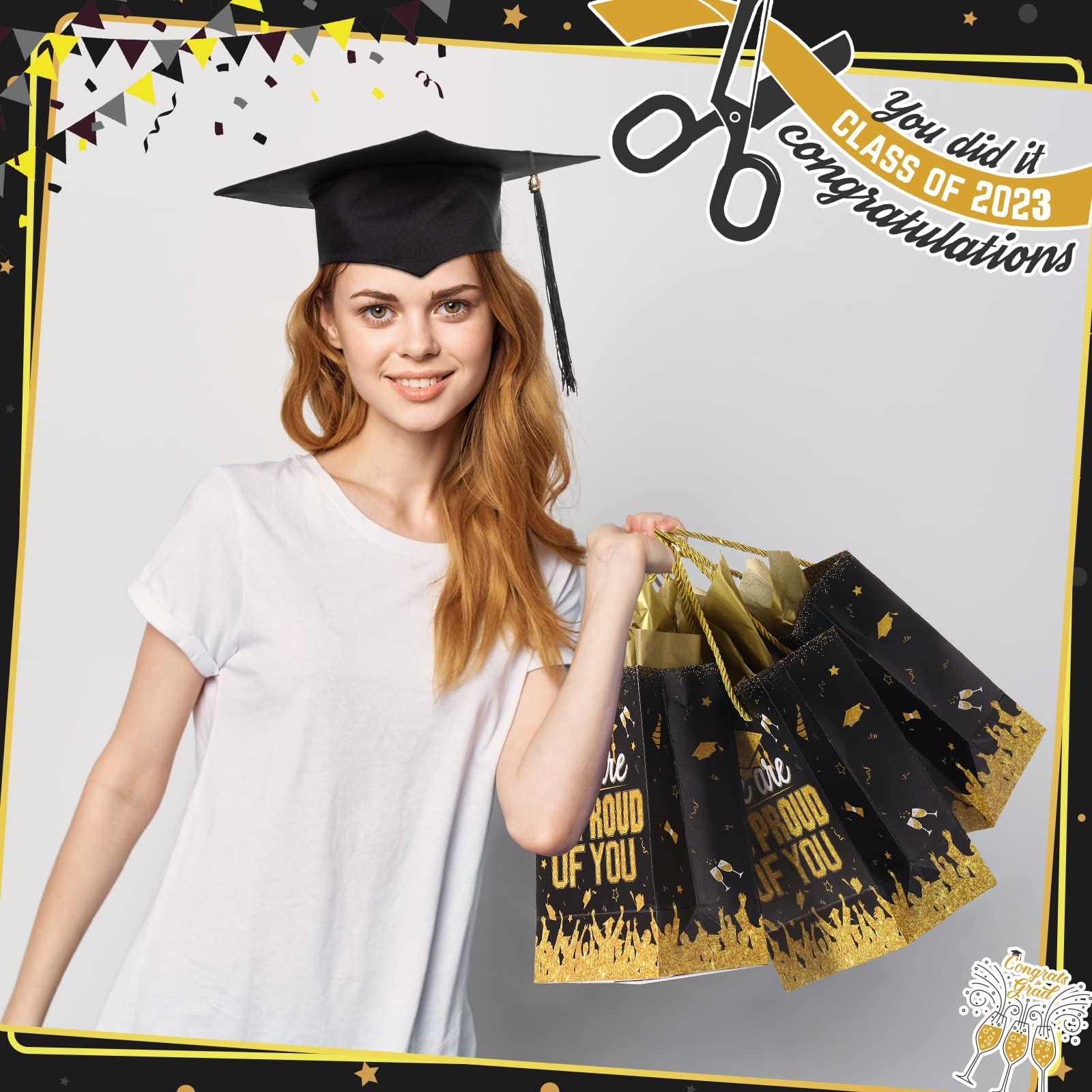 TaoBary 12 Pcs Graduation Gift Bags with Tissue Party Favor Bag Handles Class of 2026 Grad Paper Goodie Bulk for Congrats Supplies(Black Gold)
