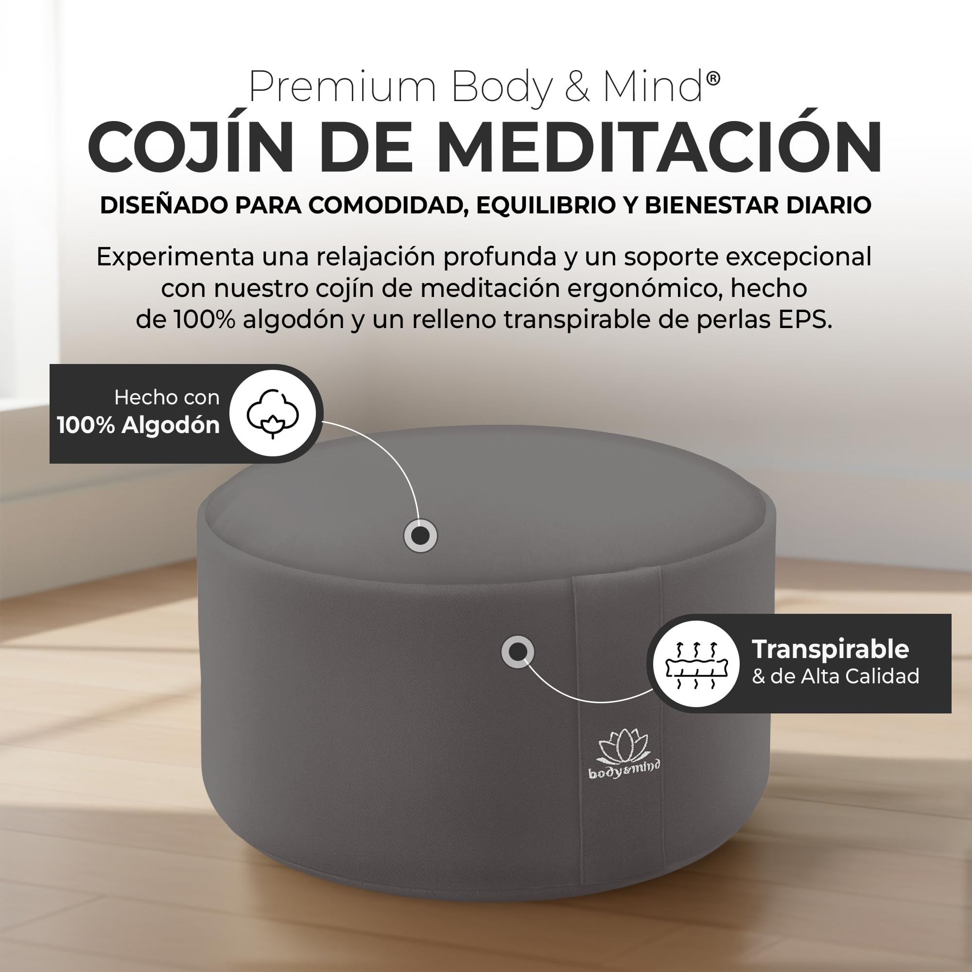 Body & Mind Cojín de Yoga Cojín de meditación Cojín de Asiento de Suelo para meditación y Yoga; Funda Lavable y Relleno Transpirable de Primera Calidad; Altura del Asiento de 19 cm