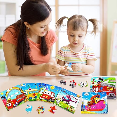 Miniatura 6 de Rompecabezas de madera de animales y vehículos para niños de 2 a 5 años, 9 piezas de juguetes educativos vibrantes para niños pequeños, juego de 6