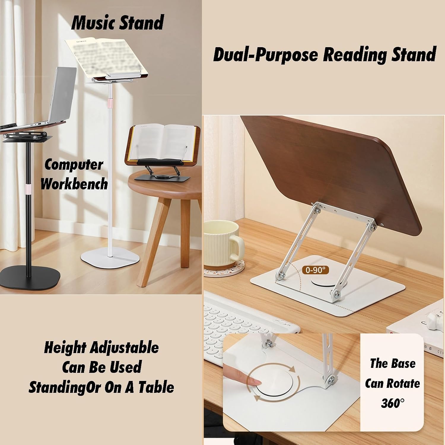 Floor Book Stand,2 in 1 Dual-use and Desktop,Adjustable Height 51-119/91-159cm for Cookbooks Sheet Music Laptop(Black,28x28x51-119cm)