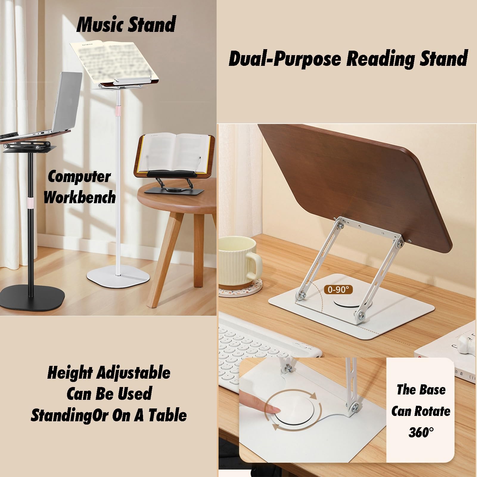 Leggio 2 in 1 regolabile in altezza con supporto per spartiti, pavimento e scrivania, per libri di cucina, spartiti musicali