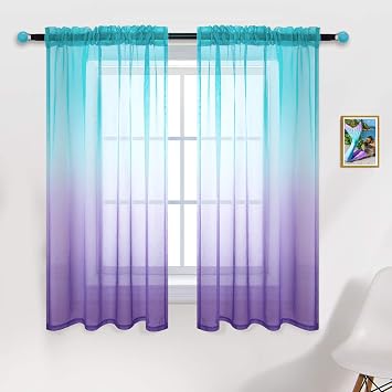 KOUFALL Green and Purple Sheer Curtains 45 Inch Length for Kids Girls Bedroom Set 2 Panels, Mermaid Room Decor, Rod Pocket Ombre Sheer Curtains 45 Inches Long for Bathroom Kitchen