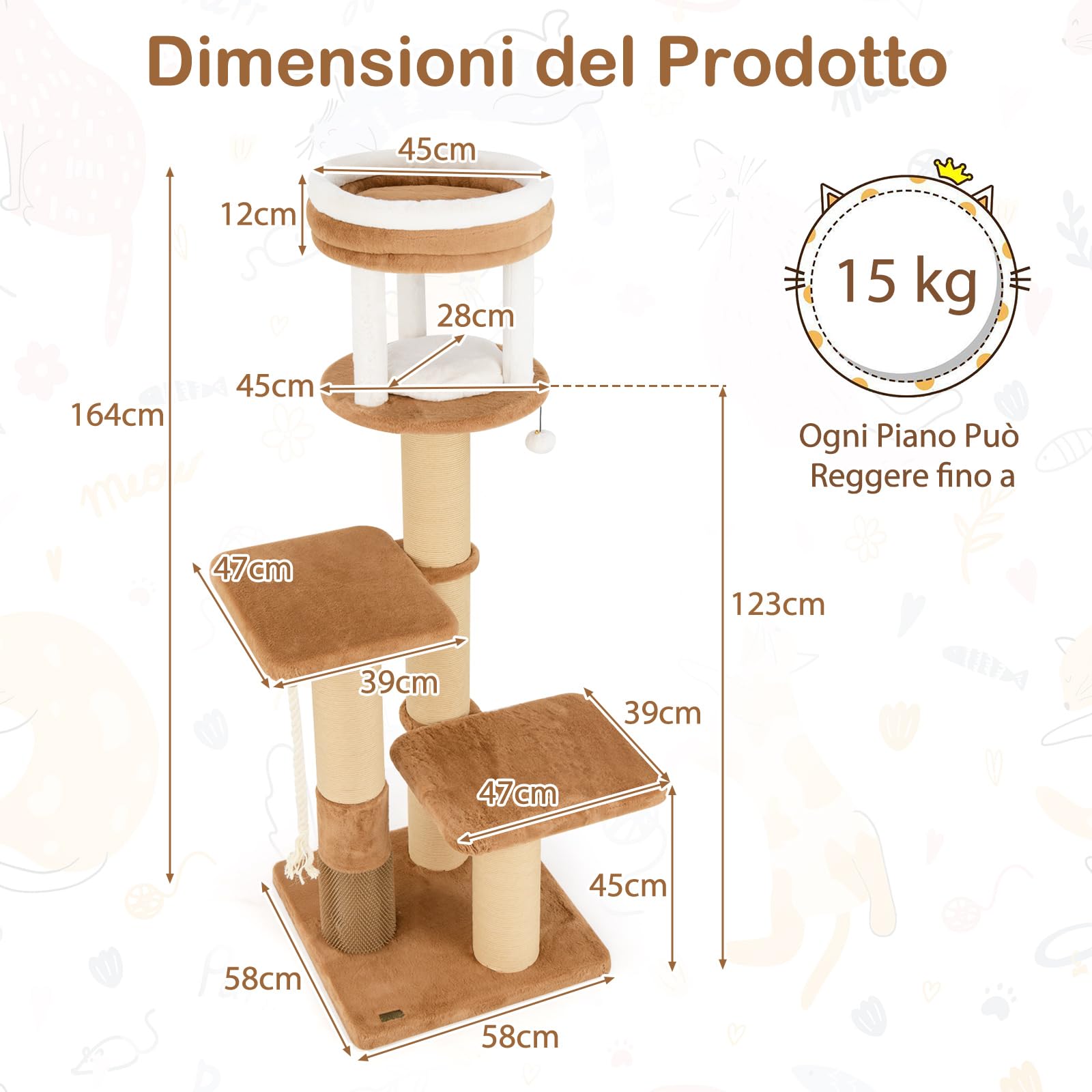 COSTWAY Tiragraffi per Gatto Alto 165 cm, Albero Tiragraffi Gatto con 4 Piattaforme, 4 Pali Sisal, Spazzola, Corda e Palla Pompon, Torre Tiragraffi per Gatti Imbottito Rimovibile, Caramello
